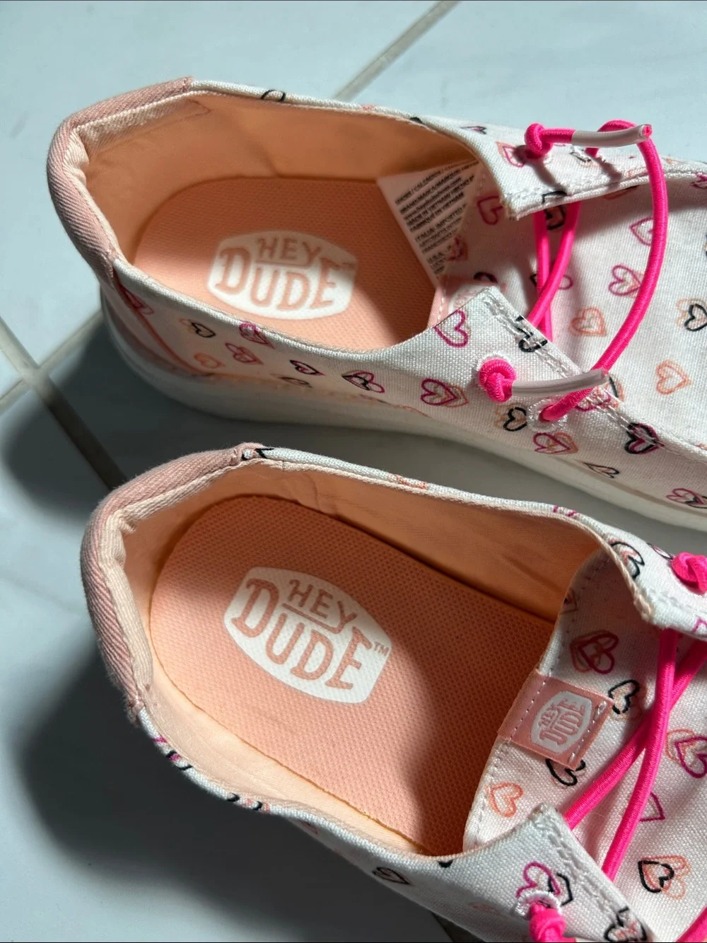 Hey Dude Kids Moccasins with Pink Heart Print and Hot Pink Laces